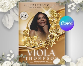 Golden Celebration of Life Program Template: Funeral Obituary Booklet (Canva Editable, Digital Download