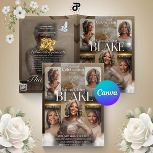 Gold Celebration of Life Event Bi-fold Booklet | Canva Template 8.5x11 | Obituary Memorial Program | Magazine Funeral Design Keepsake 4-8 pg