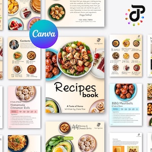 Modelo de livro de receitas colorido editável de 60 páginas do Canva | Livro de receitas de família para impressão para tradições | E-book de receitas | Blogueiro de comida |