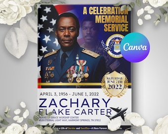 Military Army Veteran Funeral Program Obituary Template: 8-Page Memorial Booklet (Canva Digital Download)
