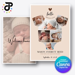 Welcome Baby Announcement Postcard | Photo Birth Baby Shirt Canva Template | Printable Newborn Cards with Pictures | Editable Minimalist