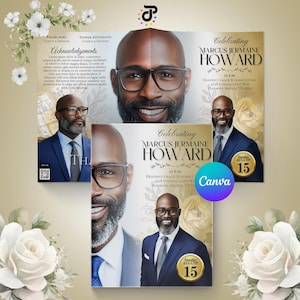 Editable Obituary Gold/White Celebration of Life Event Booklet Canva Template Design, Memorial Program, Magazine Style 8.5 x11, Women | Male