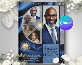 Blue Celebration of Life Booklet Obituary Memorial Template: Male Funeral Program, 8.5x11 Canva Design