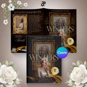 Gold Celebration of Life Event Bi-fold Booklet | Canva Template 8.5x11 | Obituary Memorial Program | Magazine Funeral Design Keepsake 4-8 pg