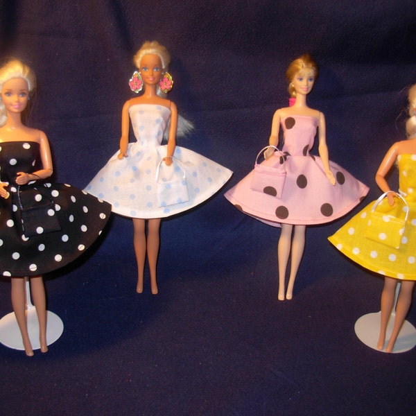4 new beautiful polka dot dresses with matching bags for barbie doll