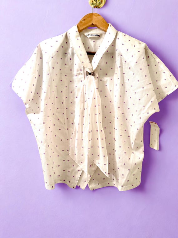 Vintage Japanese Lavender Polka Dot Bow Blouse (NWT)