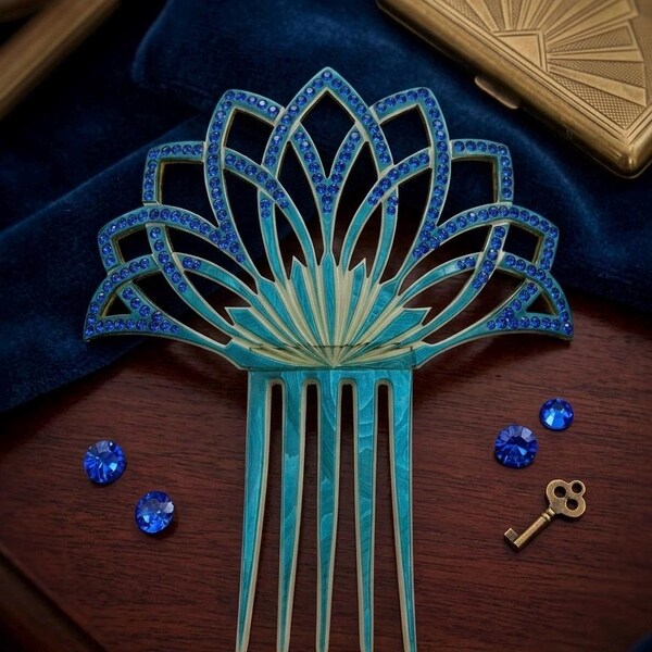 1920s Art Deco Oversized Celluloid Hair Comb – Teal Sapphire Mantilla Tiara, Flapper Statement Piece