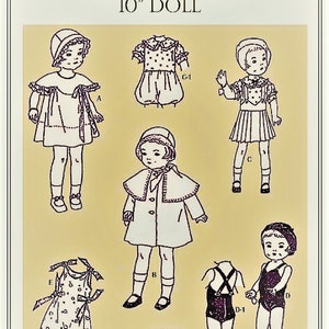 May include: A vintage sewing pattern for a 10-inch doll wardrobe. The pattern includes instructions for making two dresses, a hat, a beret, a coat, pyjamas, a bathing suit, a slip, and step-in.