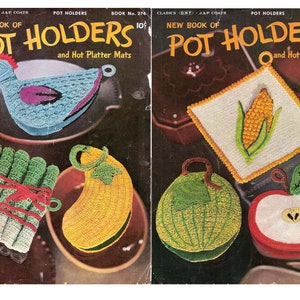 May include: Two vintage crochet pattern books for pot holders and hot platter mats. The covers feature colorful crocheted designs of a chicken, corn, apple, squash, and asparagus.