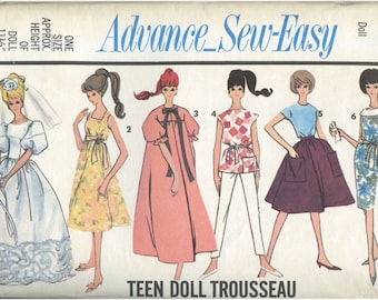 May include: Sewing pattern for a teen doll trousseau, featuring six different outfits: a wedding dress, a floral dress, a pink robe, a red and white top with white pants, a blue top with a purple skirt, and a floral dress with a white belt. The pattern is from Advance Sew-Easy and is size one, for a doll that is 11 1/2 inches tall.