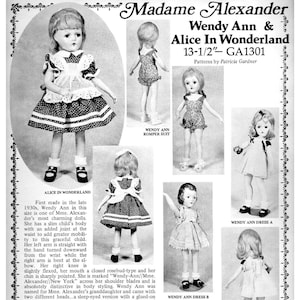 May include: A black and white photo of a vintage doll, Wendy Ann, dressed in a polka dot dress and a white apron. The doll is 13 1/2 inches tall and has a swivel waist. The photo is from a vintage doll pattern book.