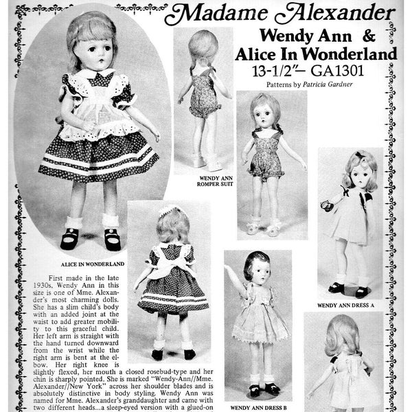 PDF 13.5" Alice in Wonderland Madame Alexander Wendy Doll Clothes, Romper, Dresses - Download & Print at Home