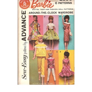 May include: A vintage Barbie doll sewing pattern booklet with six patterns for a "round-the-clock wardrobe". The cover features illustrations of Barbie dolls wearing different outfits, including a yellow dress, a green skirt, and a red dress.