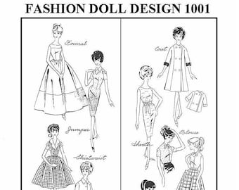 May include: A black and white line drawing illustration of 14 different doll dress designs. The designs include a formal dress, a coat, a jumper, a blouse, a sheath dress, a shirtwaist, an afternoon dress, a skirt, slacks, shorts, a princess dress, a bridesmaid dress, and a date dress.