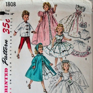 May include: A vintage Simplicity sewing pattern for doll clothes. The pattern is for a 18-inch doll and includes a variety of dresses, a coat, and a pair of pants. The pattern is printed on a white background with black lines and text. The pattern number is 1808 and the price is 35 cents.