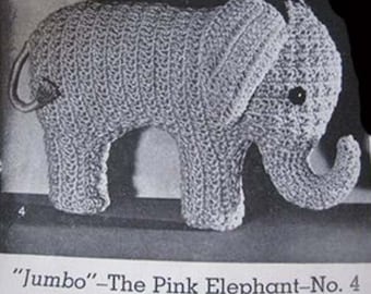 PDF Crochet Pattern to make Jumbo the Pink Elephant Vintage Stuffed Animal - Download & Print at home