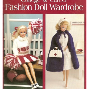 May include: A knitting pattern booklet featuring 18 designs for a fashion doll wardrobe. The cover shows two dolls dressed in knitted outfits: a cheerleader and a nurse. The booklet is titled "College & Career Fashion Doll Wardrobe" and is from Leisure Arts Leaflet 2066.