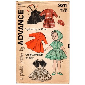 May include: A vintage sewing pattern for a 12-inch doll, featuring five different outfits: a red dress, a green dress, a black dress, a plaid dress, and a black jacket with a plaid skirt. The pattern is from Advance, a printed pattern by CuriosityShop on Etsy.