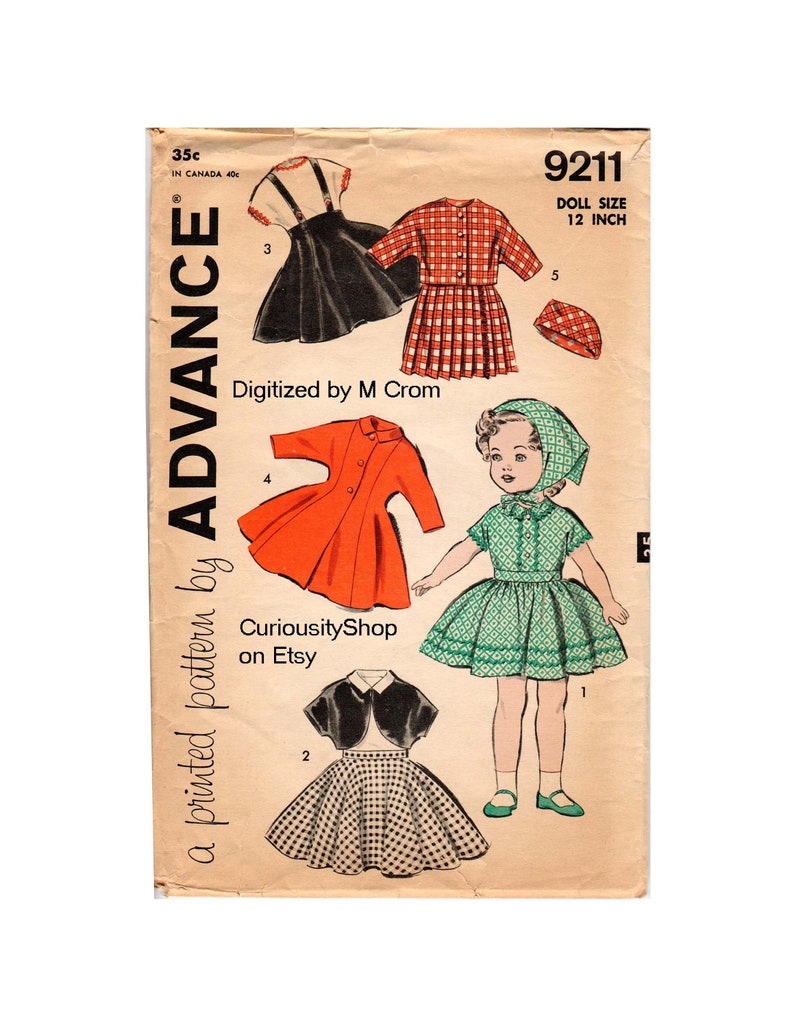 May include: A vintage sewing pattern for a 12-inch doll, featuring five different outfits: a red dress, a green dress, a black dress, a plaid dress, and a black jacket with a plaid skirt. The pattern is from Advance, a printed pattern by CuriosityShop on Etsy.