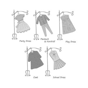 May include: A line drawing of five different clothing items hanging on a rack. The items include a party dress, a pantsuit and kerchief, a play dress, a coat, and a school dress.