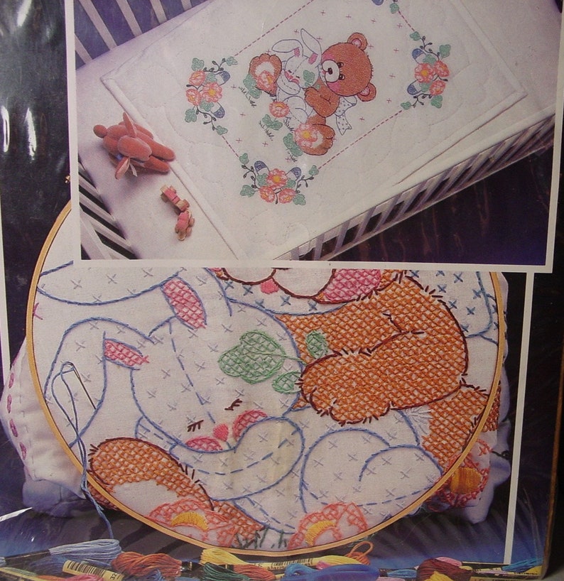 27 x 36 Bear /& Bunnyby WonderArt 9235 NO THREAD INCLUDED Pre Stamped Crib Quilt Top