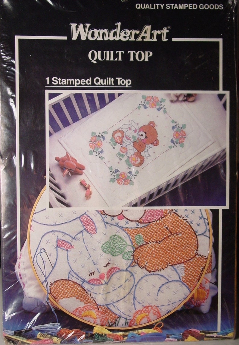 27 x 36 Bear /& Bunnyby WonderArt 9235 NO THREAD INCLUDED Pre Stamped Crib Quilt Top