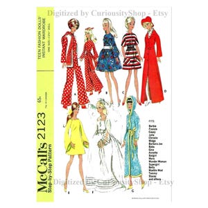 May include: McCall's 2123 Step-by-Step pattern for making doll clothes. The pattern includes instructions for making seven different outfits for dolls like Barbie, Francie, and Midge. The outfits include a red and white polka dot jumpsuit, a blue and white floral dress, a red and white striped dress, a red coat, a yellow dress, a white wedding dress, and a blue robe.