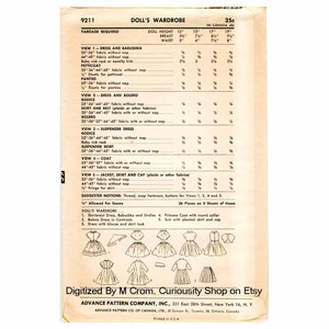May include: A vintage sewing pattern for a doll's wardrobe. The pattern includes instructions for making a dress, a bolero, a suspender dress, a coat, a jacket, a skirt, and a cap. The pattern is from Advance Pattern Company, Inc. and is printed in the USA.