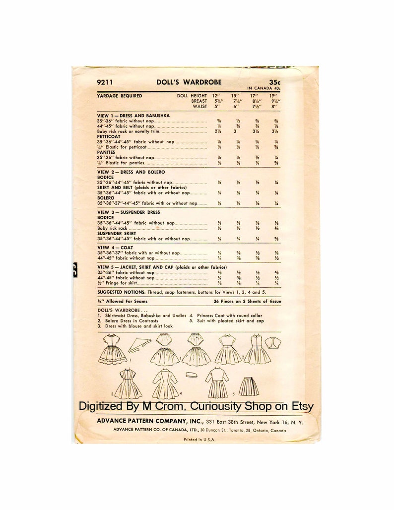 May include: A vintage sewing pattern for a doll's wardrobe. The pattern includes instructions for making a dress, a bolero, a suspender dress, a coat, a jacket, a skirt, and a cap. The pattern is from Advance Pattern Company, Inc. and is printed in the USA.