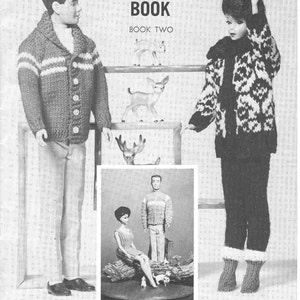 May include: A vintage knitting and crocheting pattern book for teen dolls. The cover features a black and white photo of two dolls wearing knitted clothing. The book is titled "Teen Doll Knitting & Crocheting Book" and "Book Two". The price is 50 pence. The text reads "Knit and Crochet Patterns to Fit 11 - 11 1/2" Girl Doll & 12" Boy Doll. By Virginia Lakin."