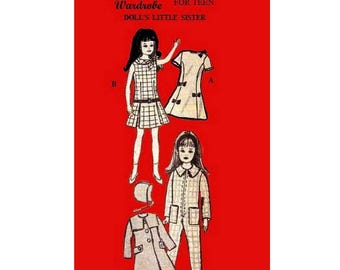 May include: A vintage sewing pattern for a doll's wardrobe. The pattern includes a dress, a coat, and pajamas. The pattern is printed on paper and is for size 9 inches. The pattern is titled "Wardrobe for Teen Doll's Little Sister".