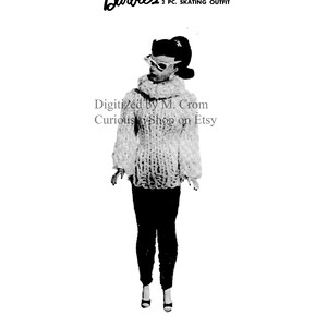 May include: Black and white photo of a Barbie doll wearing a white knitted sweater, black pants, and a black hat with white sunglasses. The text "Barbie's 2 PC. SKATING OUTFIT" is at the top of the image. The text "Digitized by M. Crom Curious Knits Shop on Etsy" is at the bottom of the image.