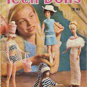 May include: A book cover featuring the title "Teen Dolls" in pink letters. The cover shows a young woman holding a doll with a blue dress and a white hat. There are three other dolls in the image, one with a white dress and a white fur collar, one with a white and black striped dress and a white hat, and one with a white and black net dress. The cover also includes the text "Enid Gilchrist's" and "3/6 35 CENTS".