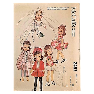 May include: Vintage McCall's sewing pattern for a doll's wardrobe. The pattern is for a slim girl doll, such as the Betsy McCall doll. The pattern includes a wedding dress, a gingham dress, a red jacket and skirt, a floral dress, and white pants. The pattern number is 2457. The pattern is printed on a white background with black text.