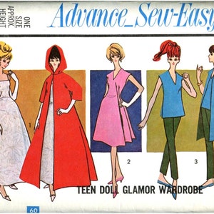 May include: A vintage sewing pattern for a teen doll glamor wardrobe. The pattern includes four different outfits: a white ball gown, a red hooded cape, a pink dress, and a blue top with green pants. The pattern is labeled "Advance Sew-Easy" and "3426".