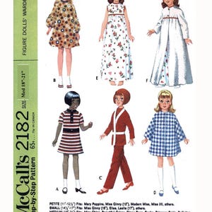 May include: A sewing pattern for making doll clothes. The pattern includes instructions for making a dress, a nightgown, a pantsuit, and a cape. The pattern is for dolls that are 18 to 21 inches tall.
