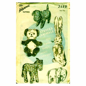 PDF Vintage Soft Toys; Rabbit, Elephant, Horse, Dog, Panda Advance 2380 -DIY Download & Print at Home