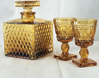 Vintage Amber Glass Decanter Set with Stopper and 2 Wine Goblets, Mid Century Modern Diamond Point Drinkware, Retro Barware Gift, 3 Piece