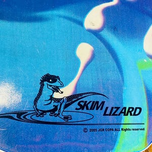 May include: A blue and green abstract design with a black cartoon lizard wearing sunglasses. The text "SKIM LIZARD" is printed in black. The copyright information reads "&copy; 2005 JGR COPA ALL Rights reserved".
