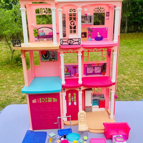 ENORME CASA ADOSADA BARBIE DREAMHOUSE Vintage de 48” x 36”, 4 pies por 3 pies, con 40-50 accesorios y muebles, casa de muñecas Mattel, casa de muñecas para niñas