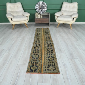 Handmade Turkish Rug,Oushak Rug Runner, Vintage Wool Rug, 2x9 Area Runner, Hand-Knotted Runner, Kitchen Rug 2x9, Hallway Rug,Antique Rug,64