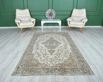 5x8 Rug, Turkish Vintage Rug, Oushak Rug, Neutral Wool Rug, Turkish Rug 5x8, Handmade Wool Rug,Vintage Area Rug,Farmhouse,Faded Rug 5x8,1408