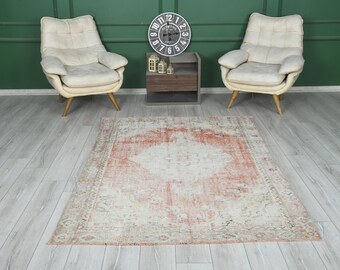 5x8 Rug, Turkish Vintage Rug, Oushak Rug, Neutral Wool Rug, Turkish Rug 5x8, Handmade Wool Rug,Vintage Area Rug,Farmhouse,Faded Rug 5x8,545