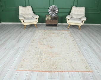 5x8 Rug, Turkish Vintage Rug, Oushak Rug, Neutral Wool Rug, Turkish Rug 5x8, Handmade Wool Rug,Vintage Area Rug,Farmhouse,Faded Rug 5x8,02