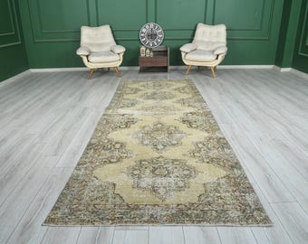 Vintage Runner Rug, Oushak Runner, Turkish Runner Rug, 4 x 12 Runner, Hand-Knotted Runner, 4x12 Rug, Kitchen Rug, Hallway Rug,Wool Rug,558