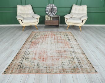 5x8 Rug, Turkish Vintage Rug, Oushak Rug, Neutral Wool Rug, Turkish Rug 5x8, Handmade Wool Rug,Vintage Area Rug,Farmhouse,Faded Rug 5x8,15