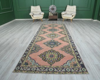 Vintage Runner Rug, Oushak Runner, Turkish Runner Rug, 4 x 12 Runner, Hand-Knotted Runner, 4x12 Rug, Kitchen Rug, Hallway Rug,Wool Rug,537