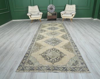 Vintage Runner Rug, Oushak Runner, Turkish Runner Rug, 4 x 12 Runner, Hand-Knotted Runner, 4x12 Rug, Kitchen Rug, Hallway Rug,Wool Rug,531