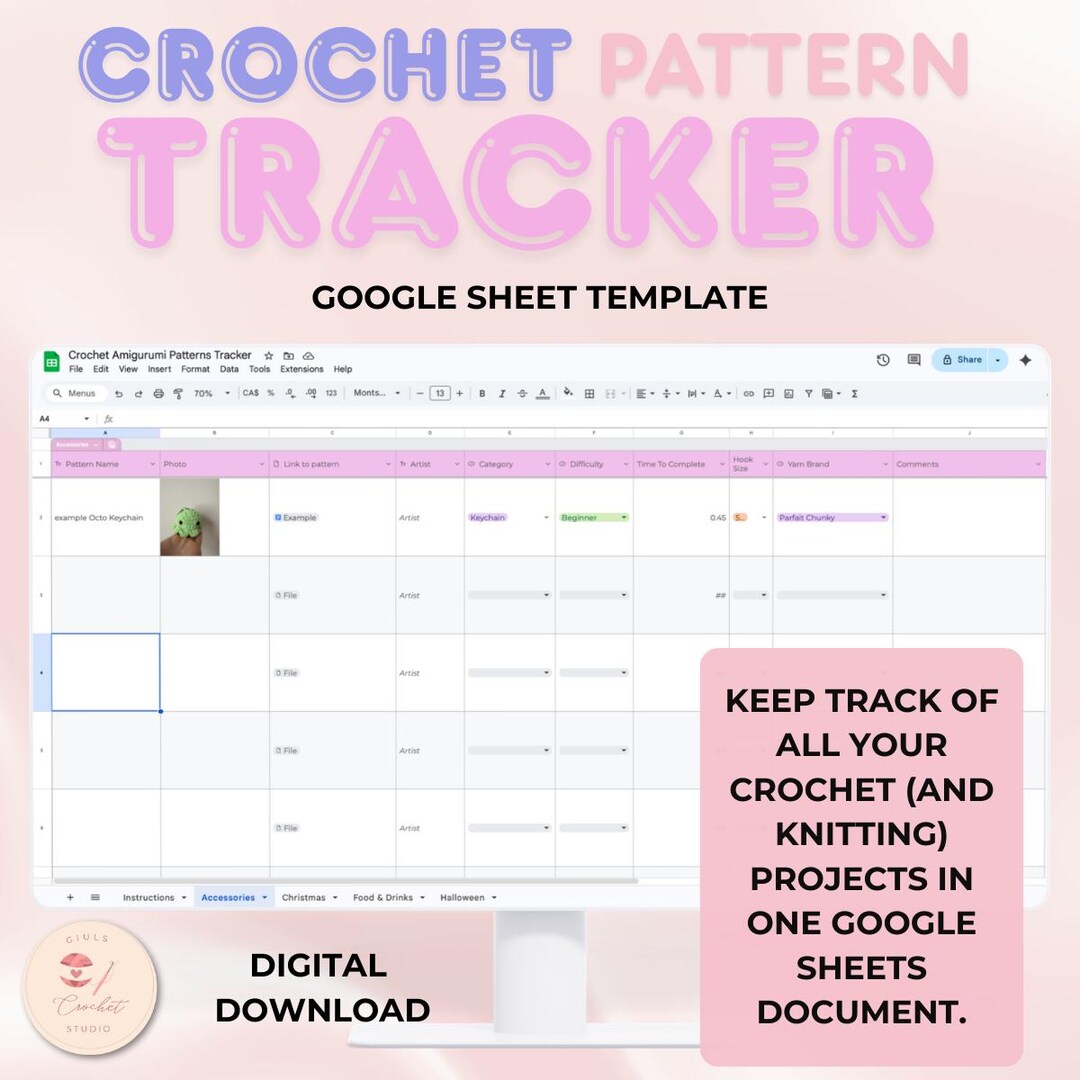 Crochet Pattern Tracker Google Sheets Template, Amigurumi Organizer ...