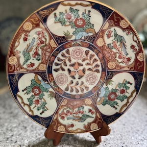 Japanese Gold Imari Hand Painted 10" Porcelain Plate | Red Blue Gold Bird & Floral Motif